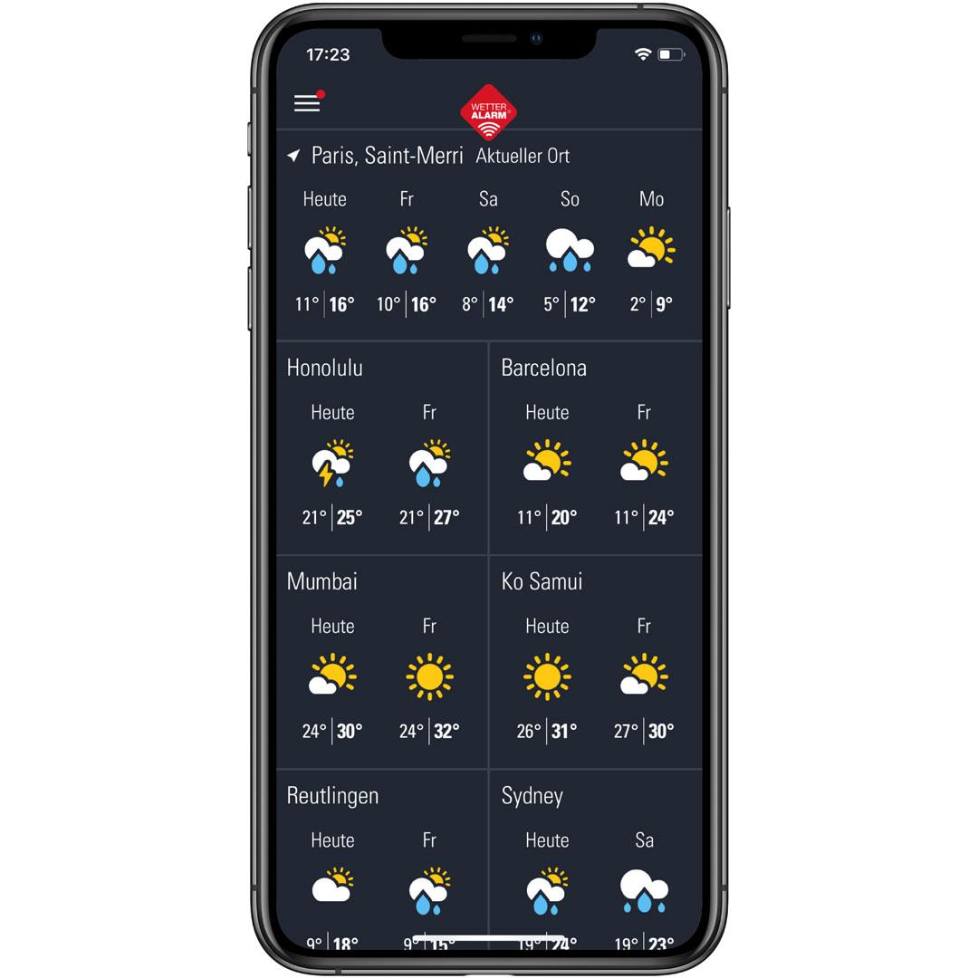 Abbildungen aus der App mit internationalen Wetterdaten