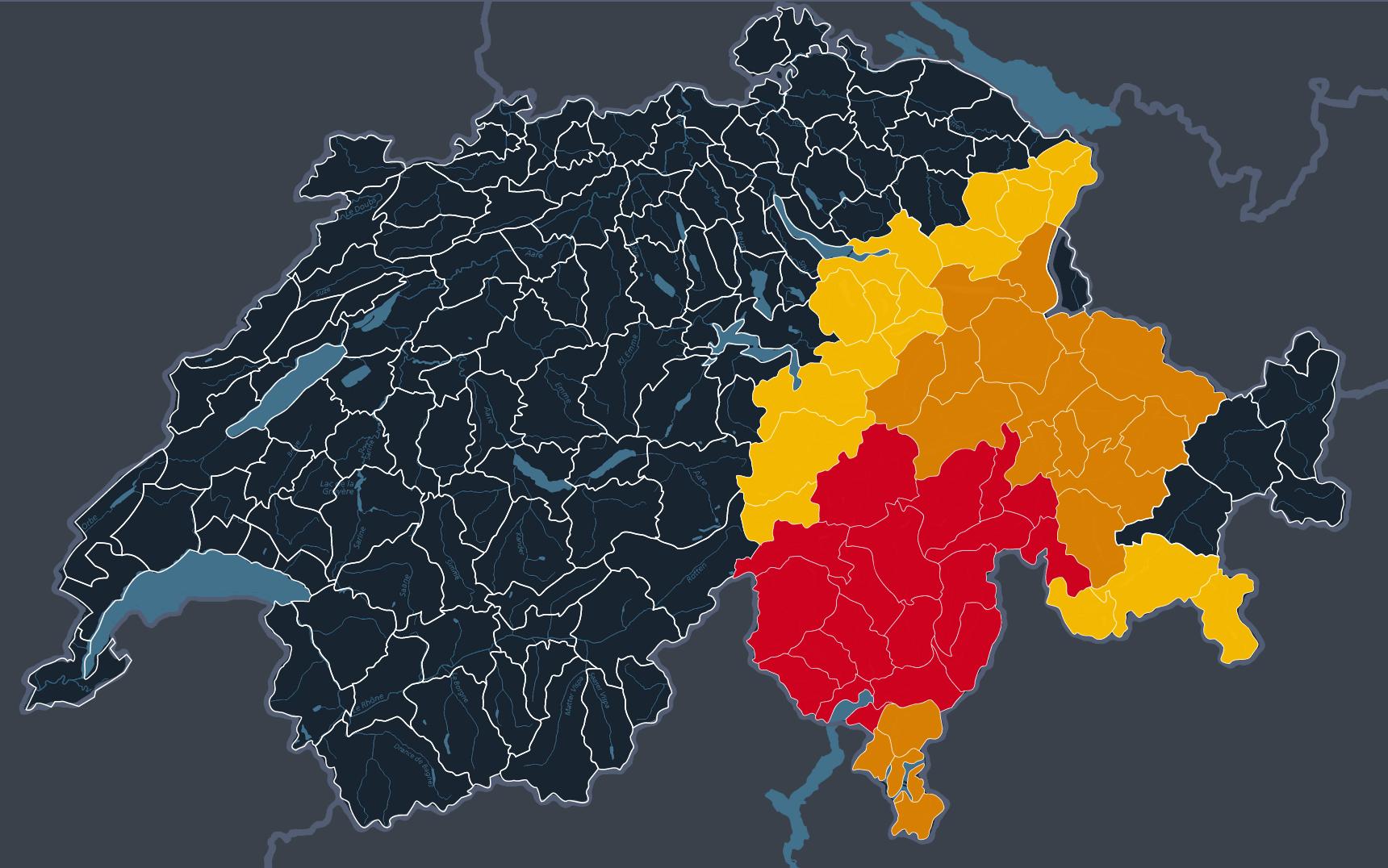 Unwetterkarte der Schweiz mit Warnstufe 5