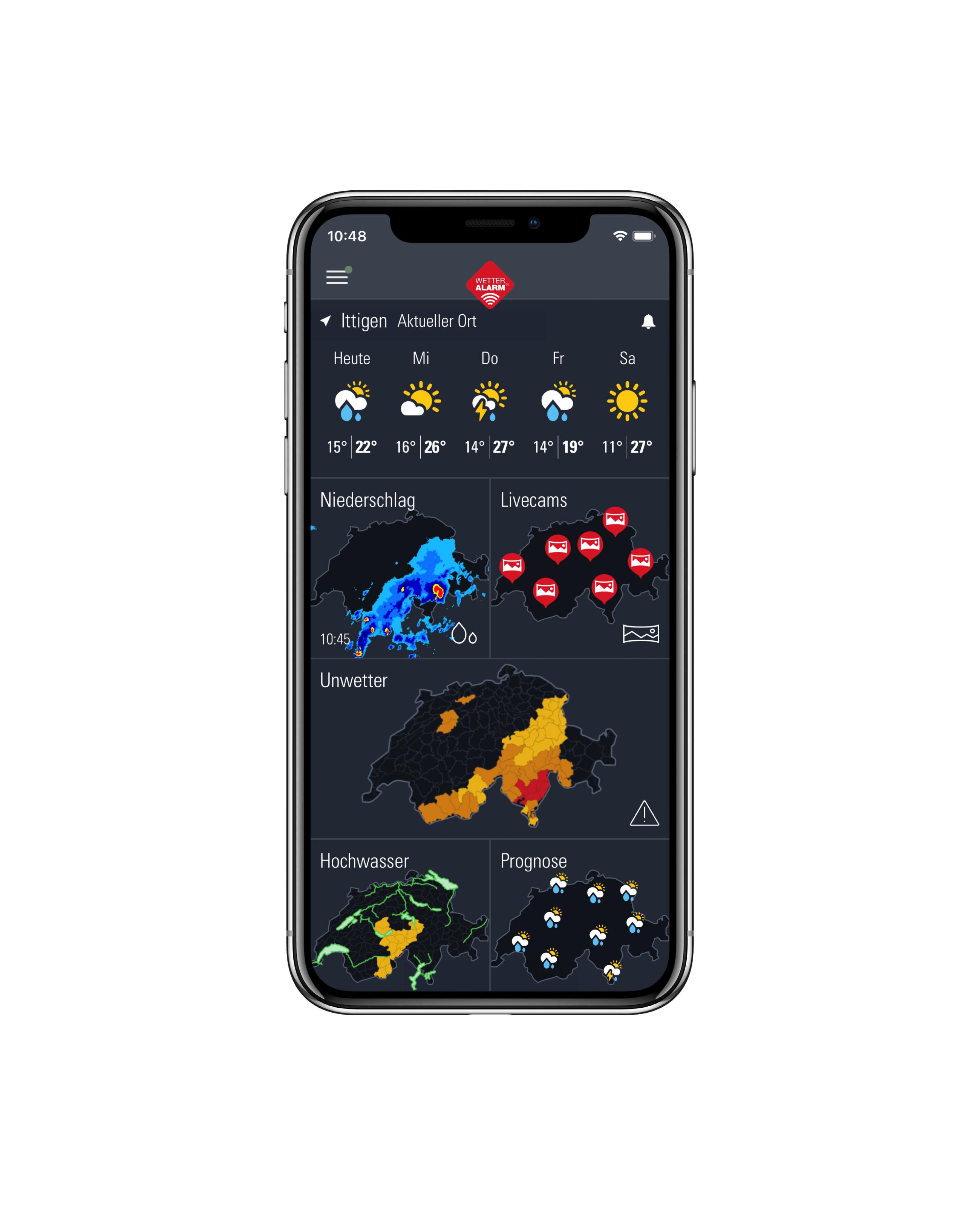 Wetter-Alarm App Dashboard mit Niederschlagsradar und Unwetterkarte
